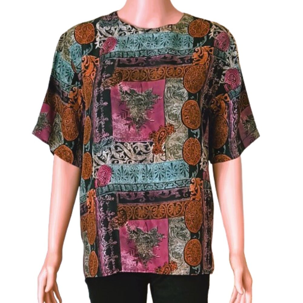 Women's Vintage 100% Silk Blouse M Short Sleeve Abstract Print Fall Top